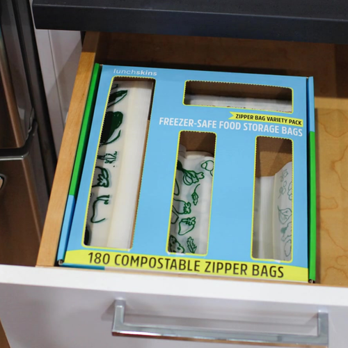 Compostable food storage bags in a drawer-ready variety pack