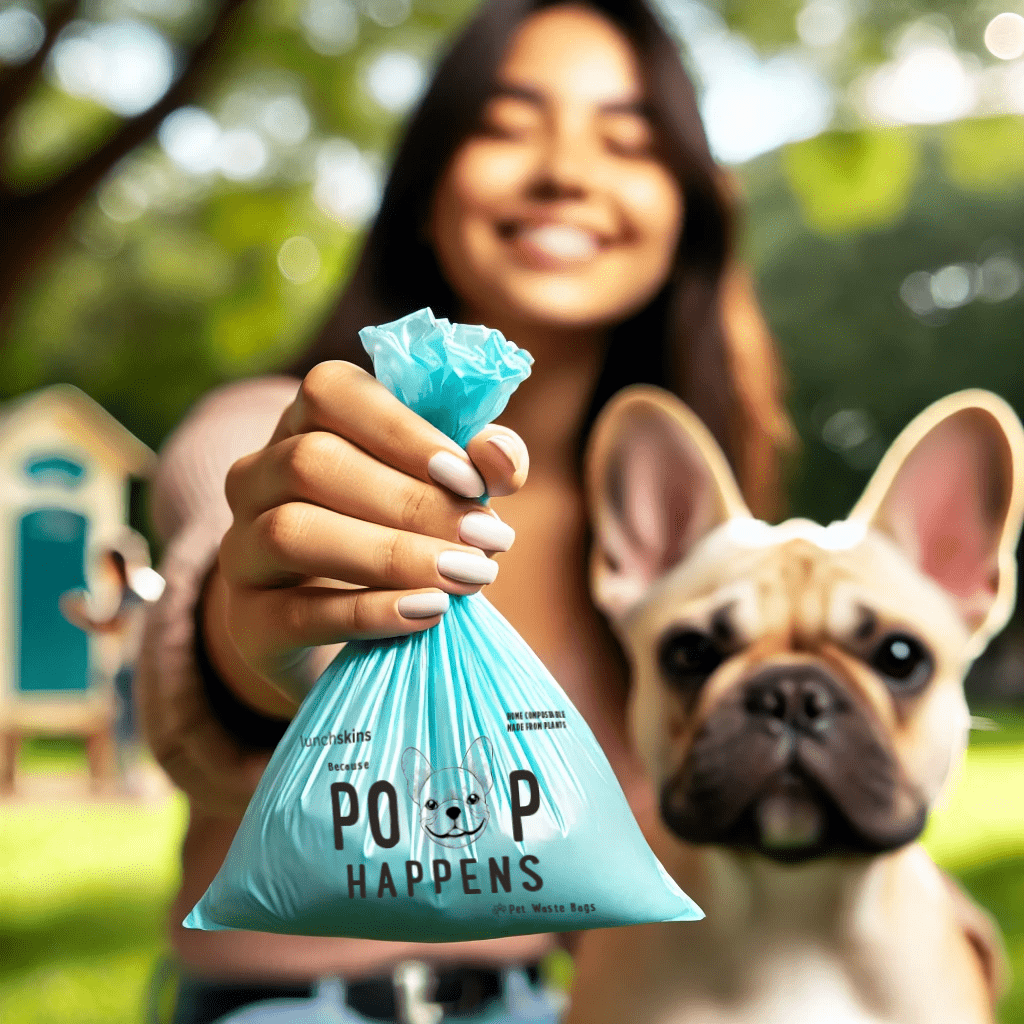 Seafoam blue dog poop bag held by a young woman with a French Bulldog in the background.